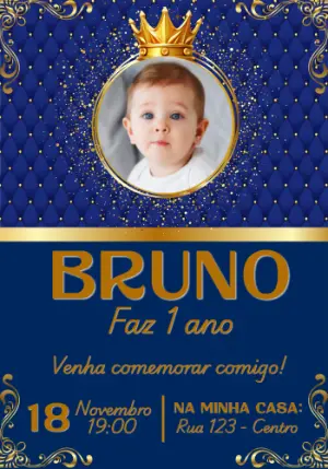 Convite Aniversário Realeza Menino com Foto para Editar Online