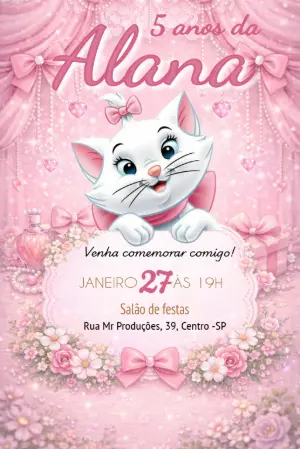 Convite de Aniversário Gata Marie Rosa Delicado para Editar