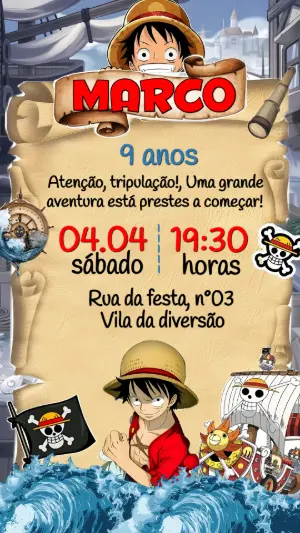 Convite Digital One Piece: Aventura Pirata Editável