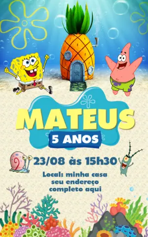 Convite de Aniversário Bob Esponja para Editar