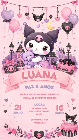 Convite de Aniversário Kuromi Aquarela para Editar