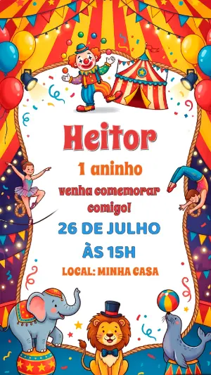 Convite de Aniversário Circo Infantil Colorido para Editar