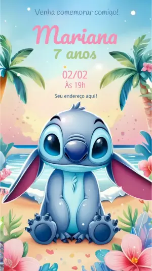 Vídeo Convite de Aniversário Stitch Tropical para Editar