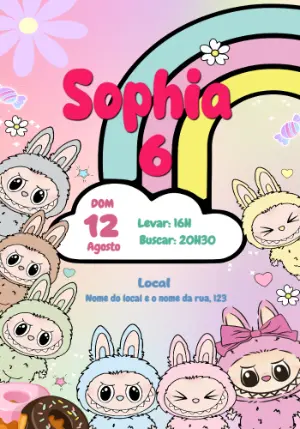 Convite de Aniversário Labubu com Coelhinhos para Editar Online
