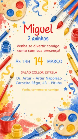 Convite de Aniversário Pintura Aquarela Colorido para Editar