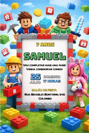 Convite de Aniversário Infantil Blocos e Games para Editar
