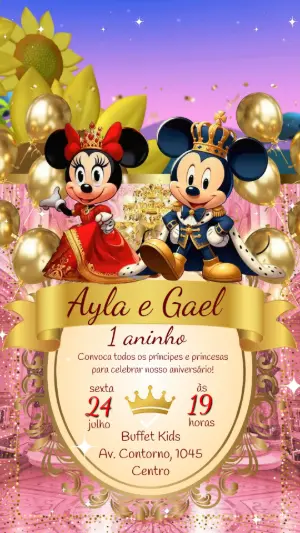 Convite Animado Aniversário Mickey e Minnie Realeza para Editar