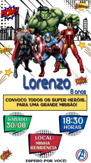 Convite Aniversário Vingadores com seus Heróis para Editar