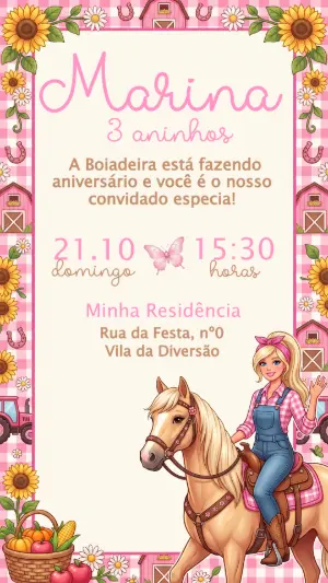 Convite de Aniversário Barbie Boiadeira Fazendinha Rosa Editável