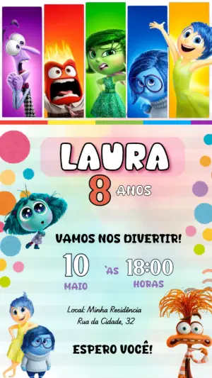 Convite Aniversário Divertida Mente 2 com Personagens para Editar