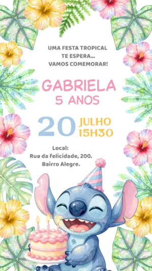Convite de Aniversário Stitch Tropical Aquarela para Editar