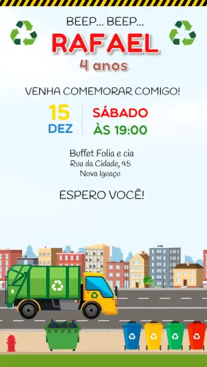 Convite de Aniversário Caminhão de Lixo para Editar