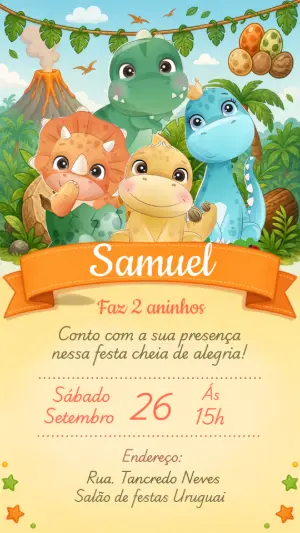 Convite de Aniversário Dinossauros Fofos para Editar