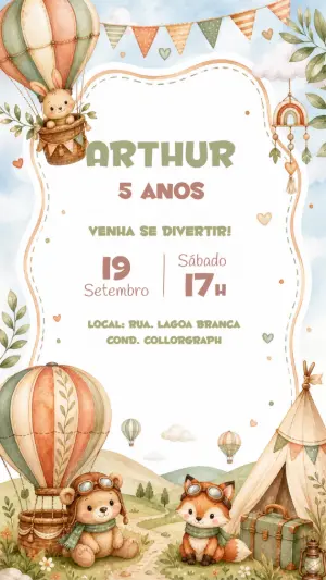 Convite de Aniversário Ursinho Baloeiro Editável para Menino