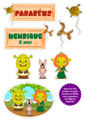 Topo de Bolo Aniversário Shrek com Personagens para Editar
