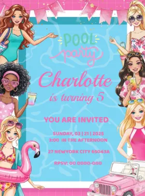 Editable Barbie Pool Party Birthday Invitation Template