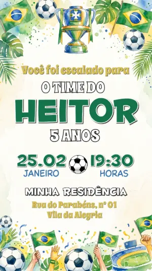 Convite de Aniversário Futebol Brasil Aquarela Editável