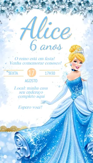 Convite de Aniversário Cinderela: Modelo Digital para Editar