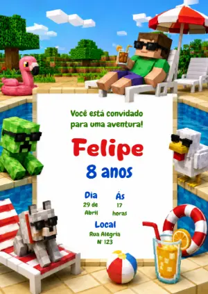 Convite de Aniversário Minecraft Piscina para Editar Online