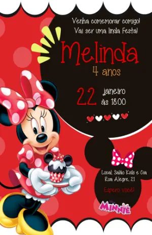 Convite Digital Minnie Vermelha Clássica para Editar Online