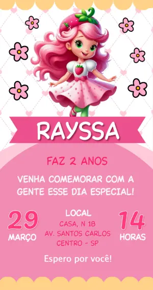 Convite de Aniversário Moranguinho Rosa Modelo Digital para Editar