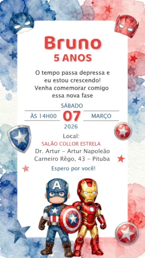 Convite de Aniversário Super-Heróis Aquarela para Editar