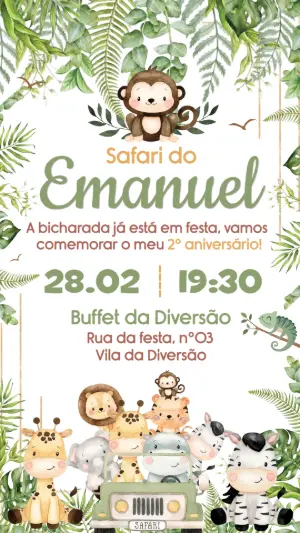 Convite de Aniversário Safari Aquarela com Bichinhos Editável