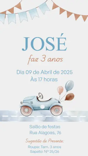 Convite de Aniversário Carro Aquarela para Editar Online