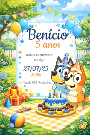 Convite de Aniversário Bluey e Bingo Colorido para Editar