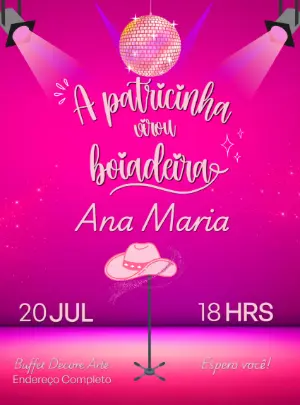 Convite de Aniversário Boiadeira Rosa para Editar Online