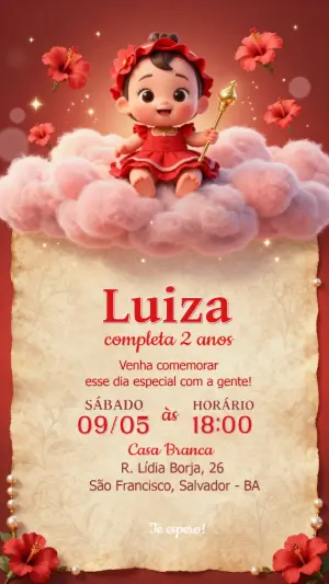 Convite de Aniversário Boneca Fofa e Flores Vermelhas Editável