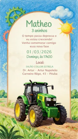 Convite Animado Aniversário Trator Verde para Editar