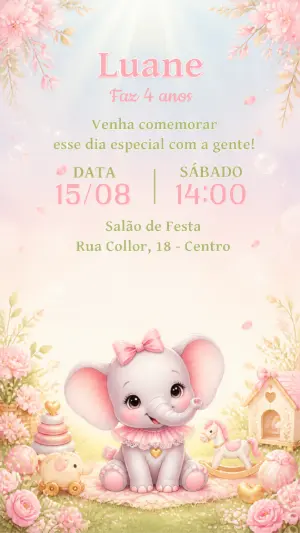 Convite Aniversário Elefantinha Rosa Modelo Editável