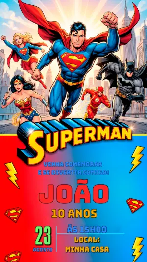 Convite de Aniversário Superman e Amigos | Modelo Editável