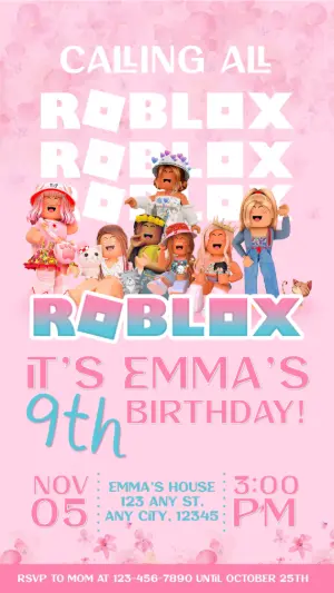Editable Roblox Girl Birthday Party Invitation