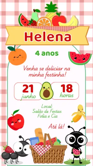 Convite Aniversário Piquenique e Frutas para Editar Online