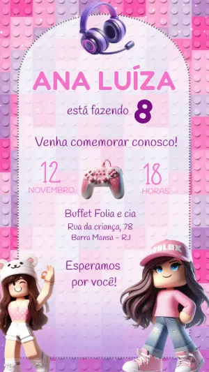 Convite Aniversário Roblox Menina Rosa para Editar Online