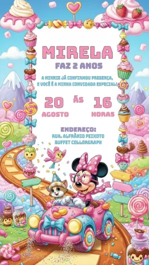 Convite de Aniversário Minnie Mouse Corrida Doce para Editar