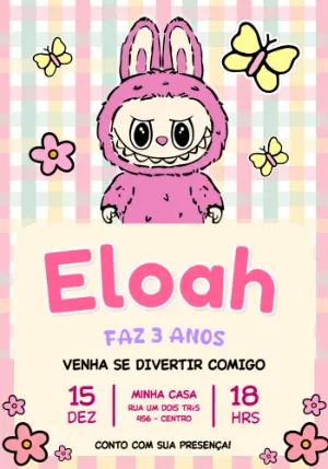 Convite de Aniversário Infantil Labubu Fofo para Editar
