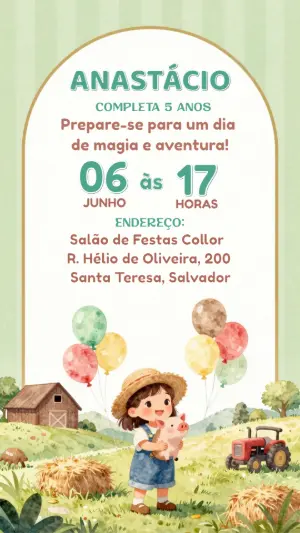 Convite de Aniversário Fazendinha Aquarela para Editar