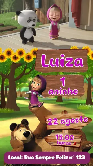Convite Animado de Aniversário Masha e o Urso Editável