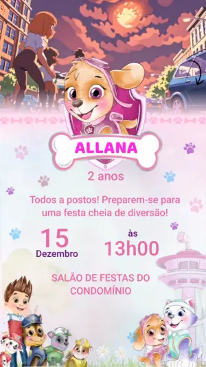 Convite Animado Patrulha Canina Skye Rosa para Editar