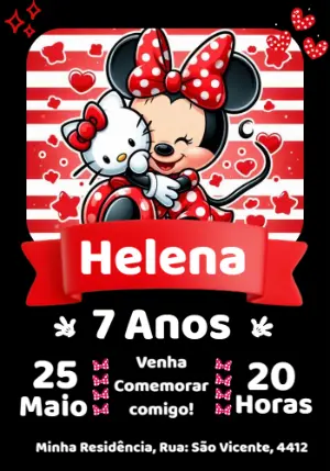 Convite de Aniversário Minnie e Hello Kitty para Editar Online