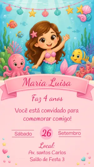 Convite de Aniversário Sereia Fundo do Mar Editável