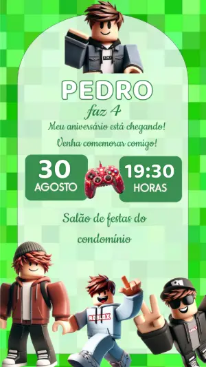 Convite Digital Roblox Gamer para Aniversário Infantil Editável