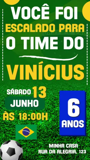 Convite de Aniversário Futebol Brasil: Modelo Digital Editável