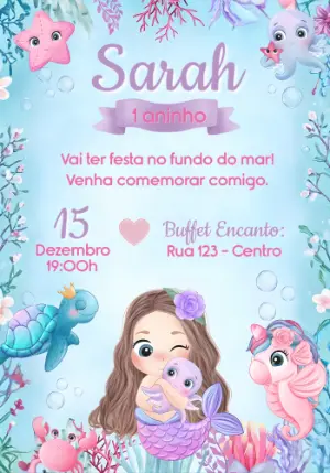 Convite de Aniversário Sereia Fundo do Mar Editável