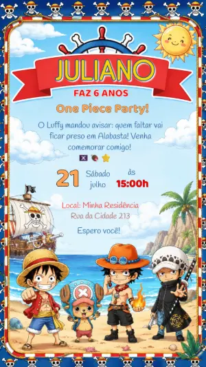 Convite de Aniversário One Piece para Editar