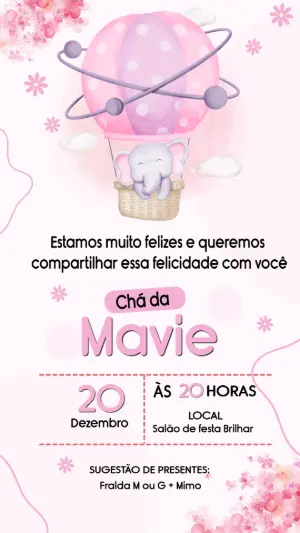 Convite Chá de Bebê Elefantinha no Balão Rosa Editável