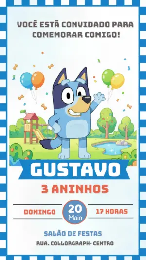 Convite Digital Tema Bluey para Aniversário Infantil Editável